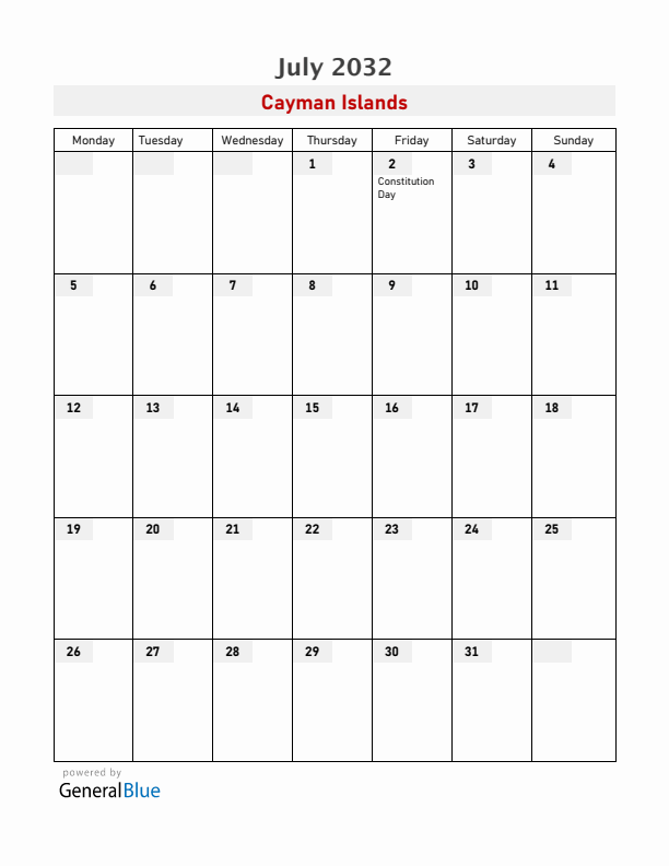 Cayman Islands July 2032 Calendar with Holidays