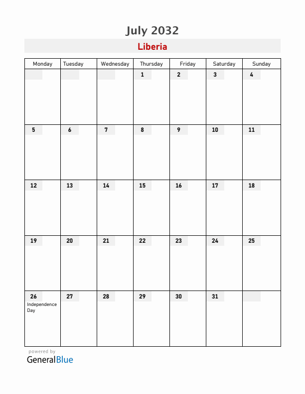 Liberia July 2032 Calendar with Holidays