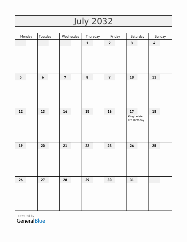 Lesotho July 2032 Calendar with Holidays