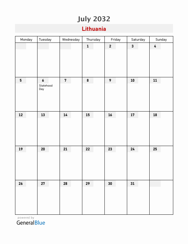 Lithuania July 2032 Calendar with Holidays