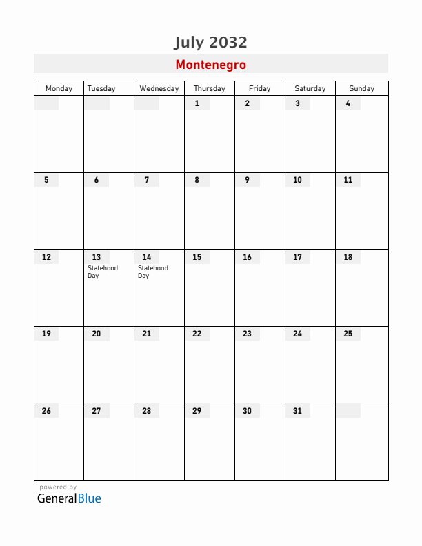 Montenegro July 2032 Calendar with Holidays