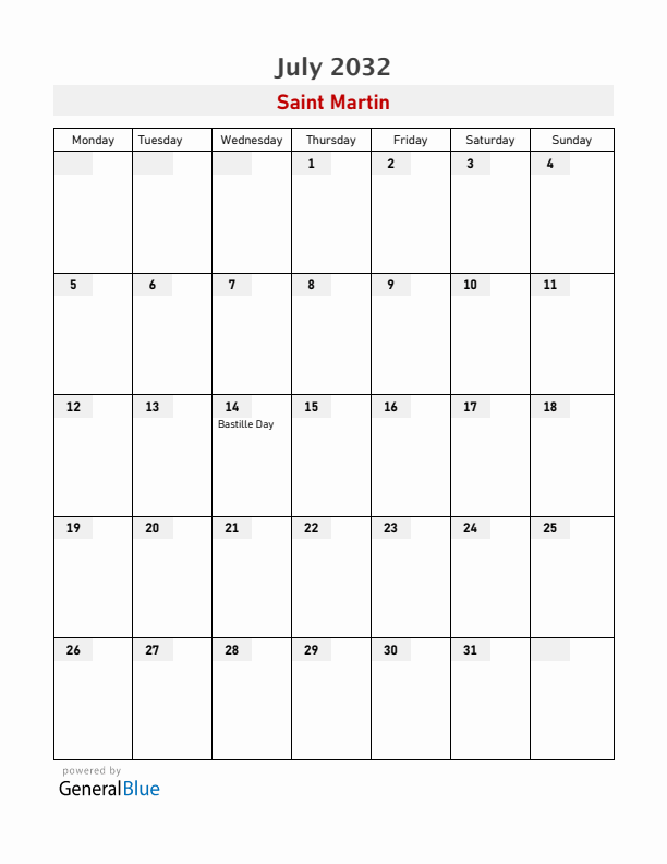 Saint Martin July 2032 Calendar with Holidays