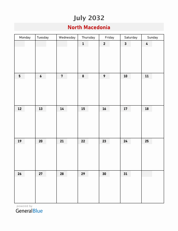 North Macedonia July 2032 Calendar with Holidays