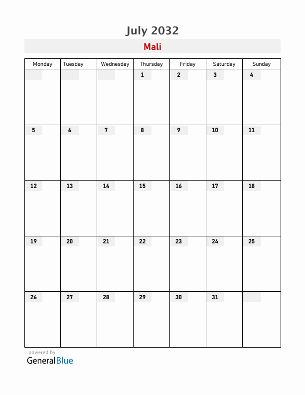 Mali July 2032 Calendar with Holidays