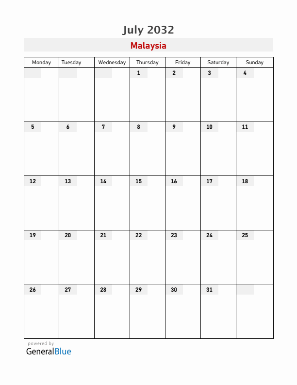 Malaysia July 2032 Calendar with Holidays