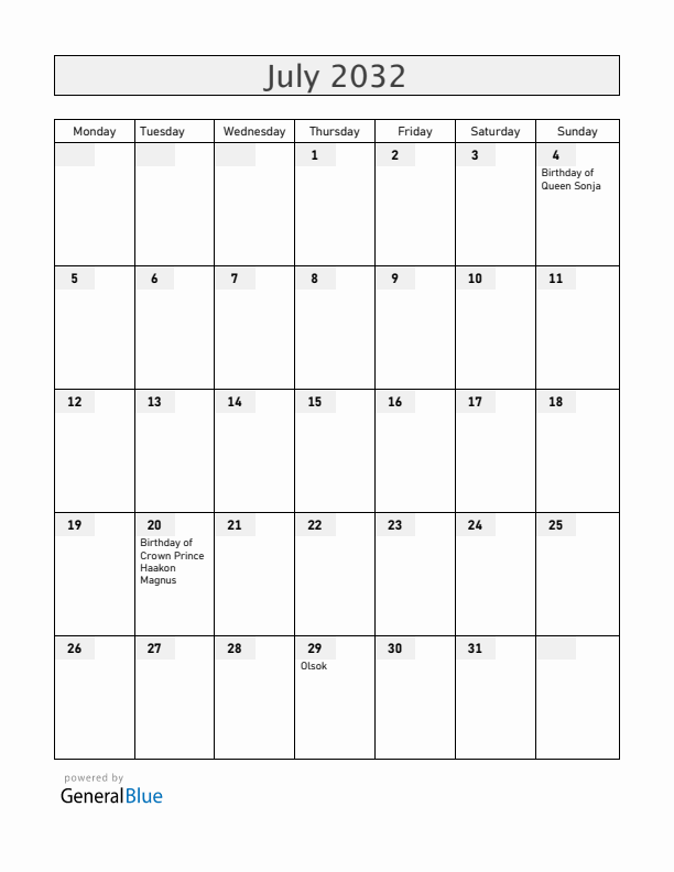 Norway July 2032 Calendar with Holidays