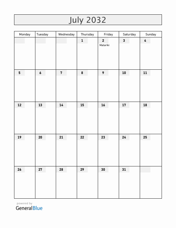 New Zealand July 2032 Calendar with Holidays