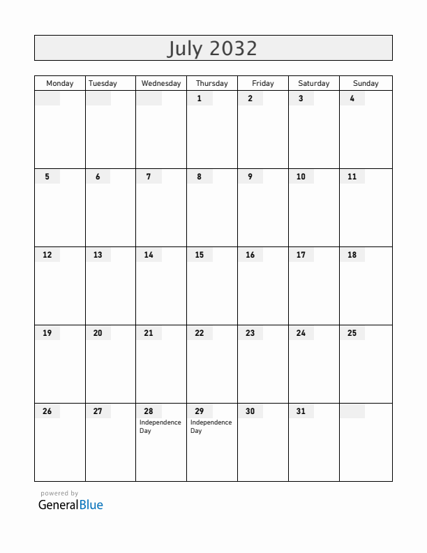Peru July 2032 Calendar with Holidays
