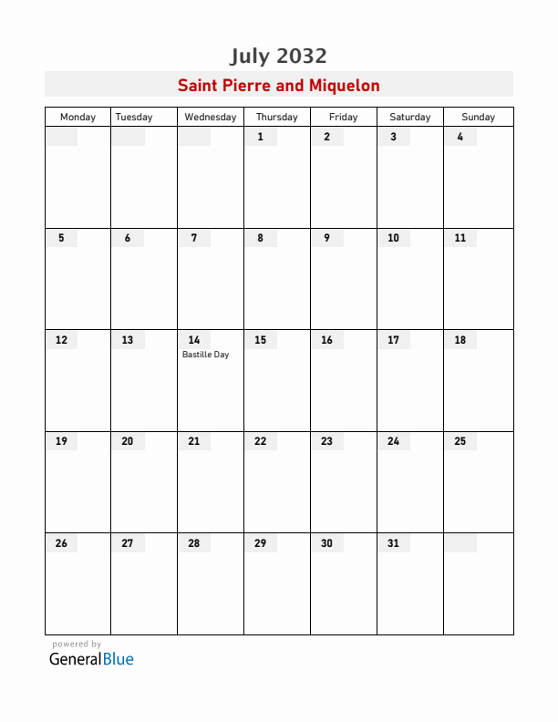 Saint Pierre and Miquelon July 2032 Calendar with Holidays
