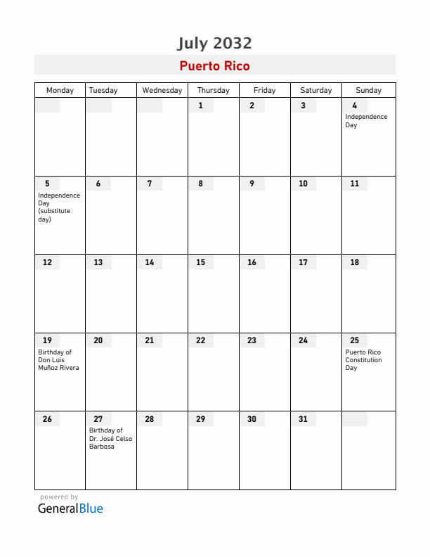 Puerto Rico July 2032 Calendar with Holidays