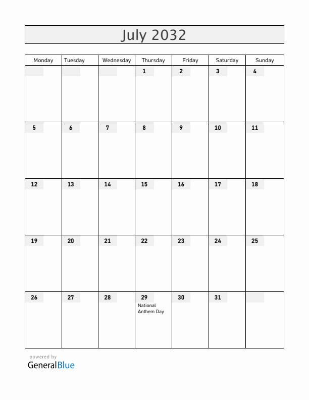 Romania July 2032 Calendar with Holidays