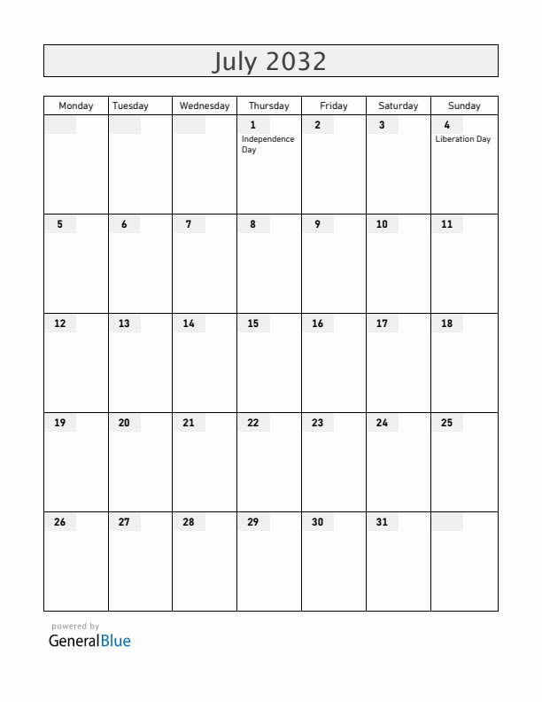 Rwanda July 2032 Calendar with Holidays