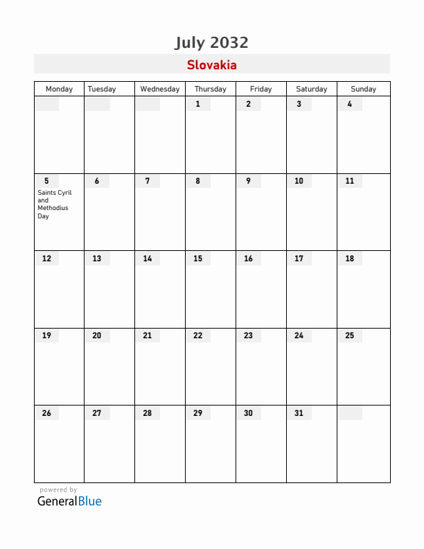 Slovakia July 2032 Calendar with Holidays