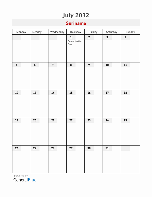 Suriname July 2032 Calendar with Holidays