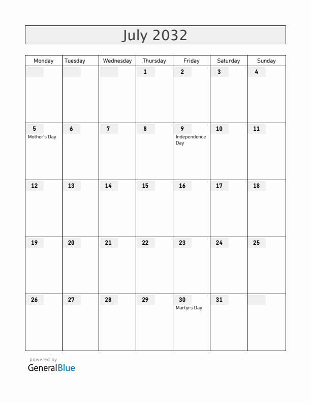 South Sudan July 2032 Calendar with Holidays