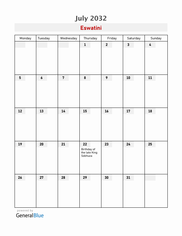 Eswatini July 2032 Calendar with Holidays