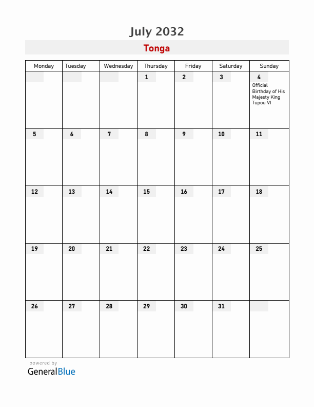 Tonga July 2032 Calendar with Holidays