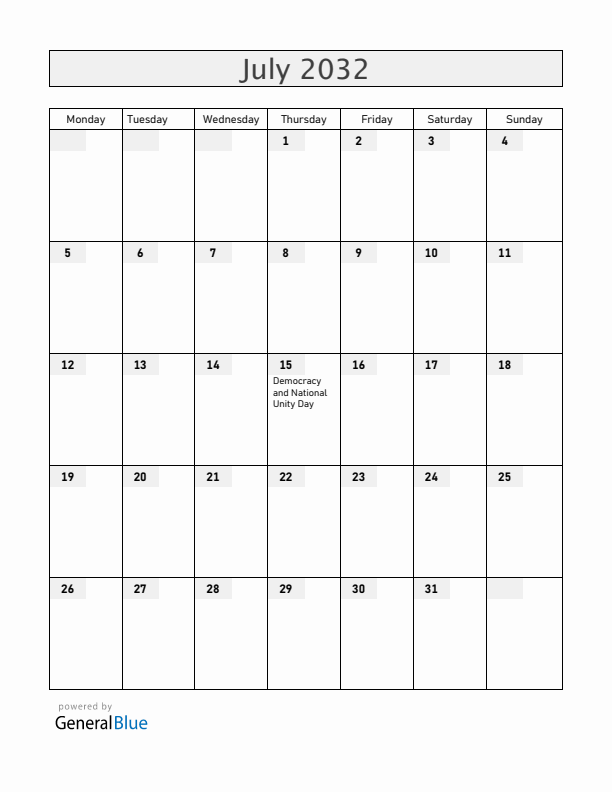 Turkey July 2032 Calendar with Holidays
