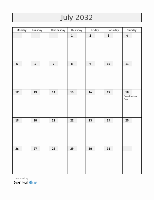 Uruguay July 2032 Calendar with Holidays