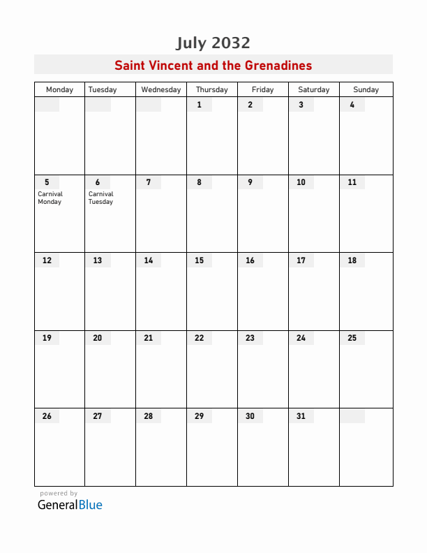 Saint Vincent and the Grenadines July 2032 Calendar with Holidays