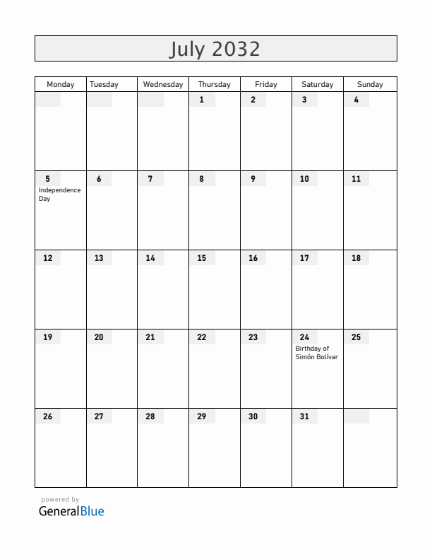 Venezuela July 2032 Calendar with Holidays