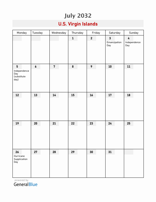 U.S. Virgin Islands July 2032 Calendar with Holidays