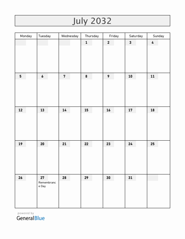 Vietnam July 2032 Calendar with Holidays