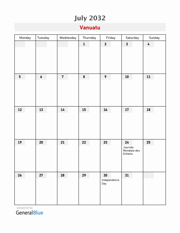 Vanuatu July 2032 Calendar with Holidays