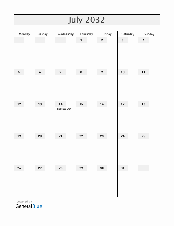 Mayotte July 2032 Calendar with Holidays