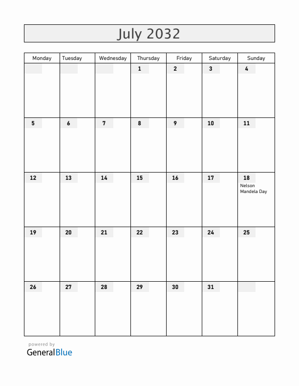 South Africa July 2032 Calendar with Holidays
