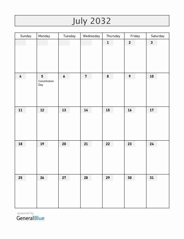 Armenia July 2032 Calendar with Holidays