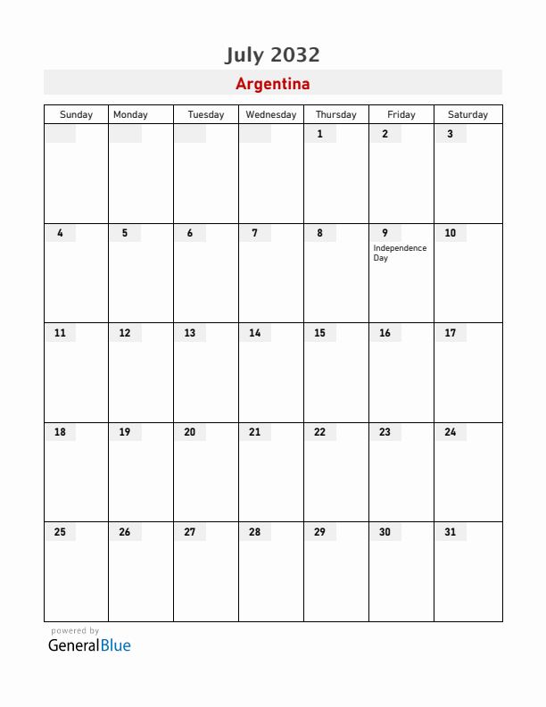 Argentina July 2032 Calendar with Holidays