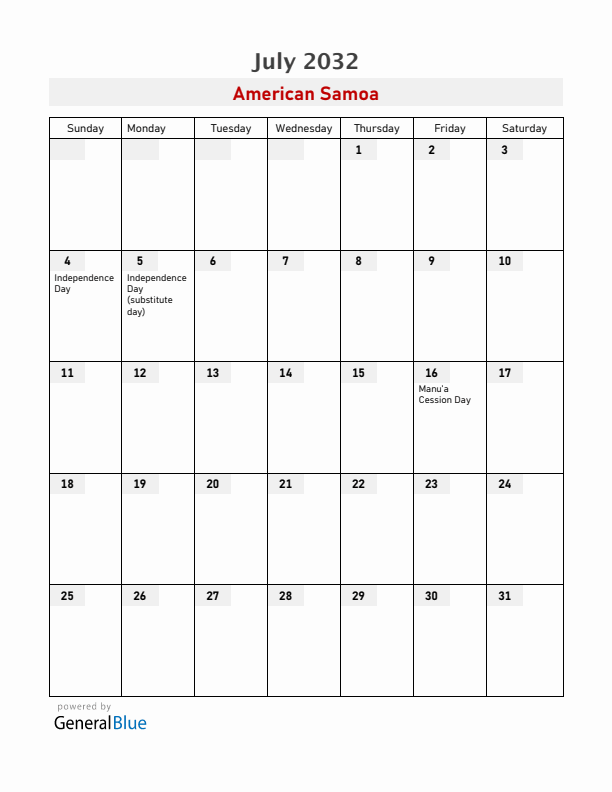 American Samoa July 2032 Calendar with Holidays