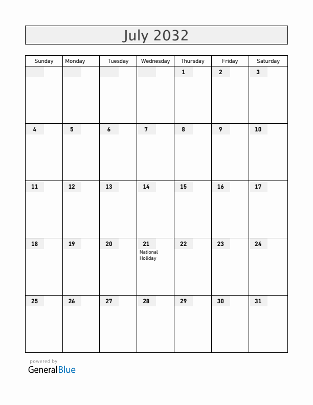 Belgium July 2032 Calendar with Holidays