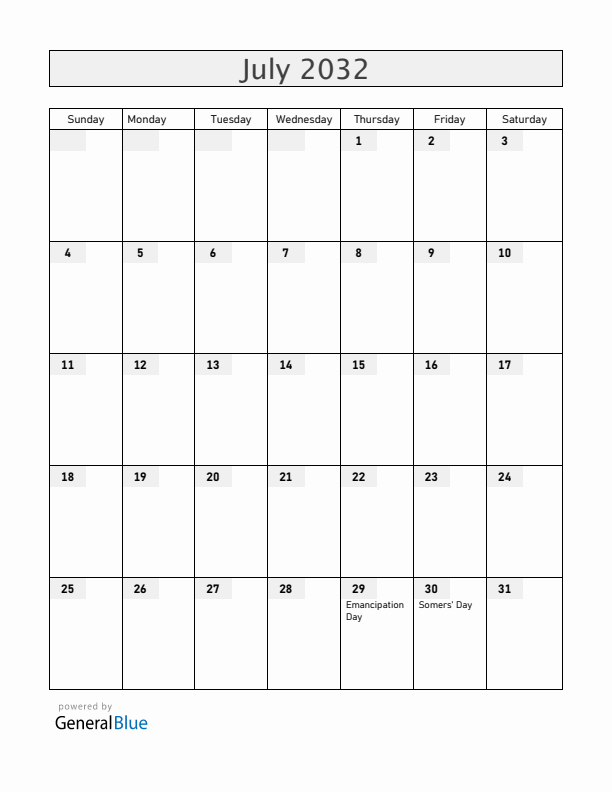 Bermuda July 2032 Calendar with Holidays