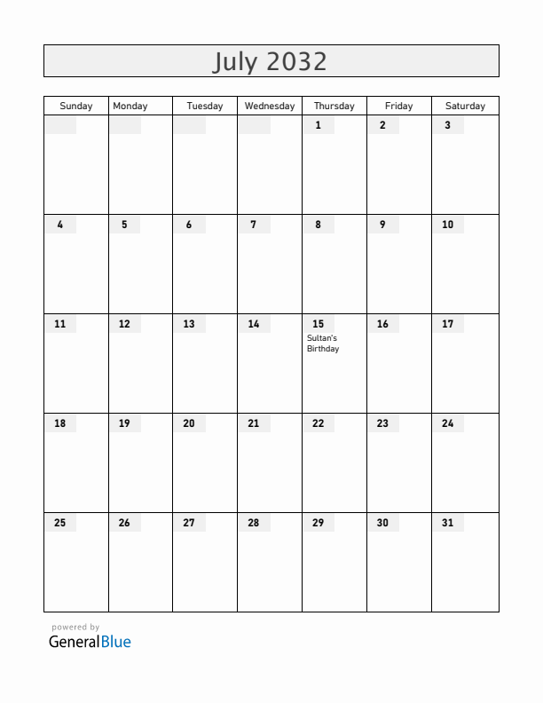 Brunei July 2032 Calendar with Holidays