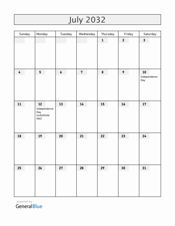 Bahamas July 2032 Calendar with Holidays