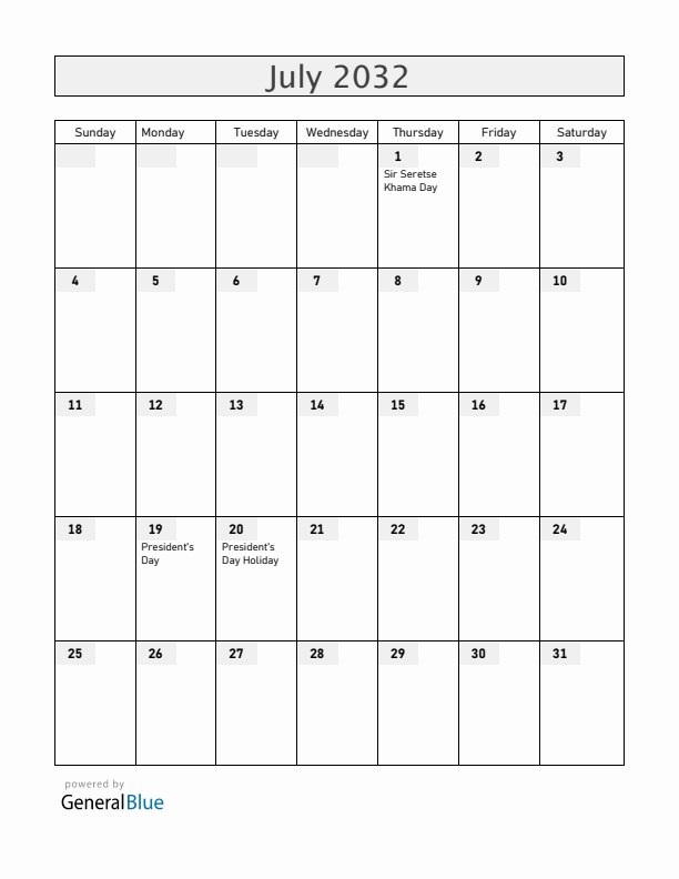 Botswana July 2032 Calendar with Holidays