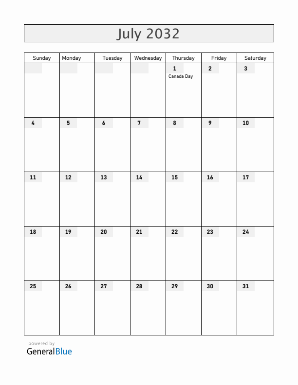 Canada July 2032 Calendar with Holidays