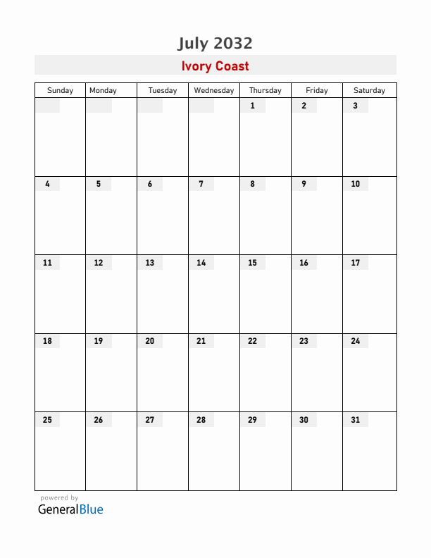 Ivory Coast July 2032 Calendar with Holidays