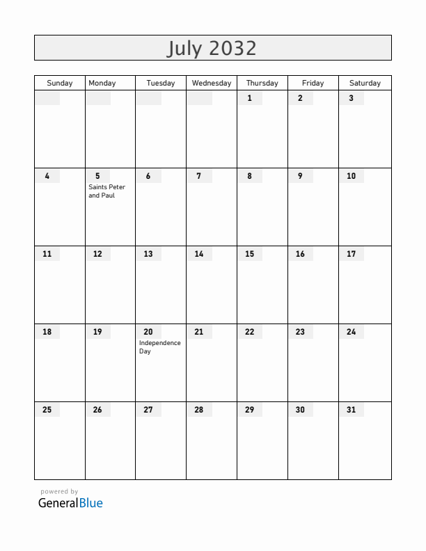 Colombia July 2032 Calendar with Holidays