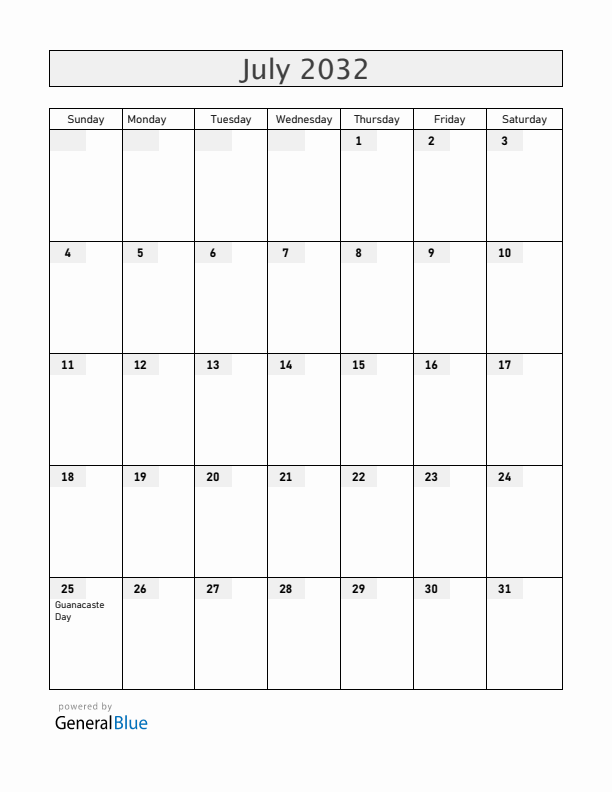 Costa Rica July 2032 Calendar with Holidays