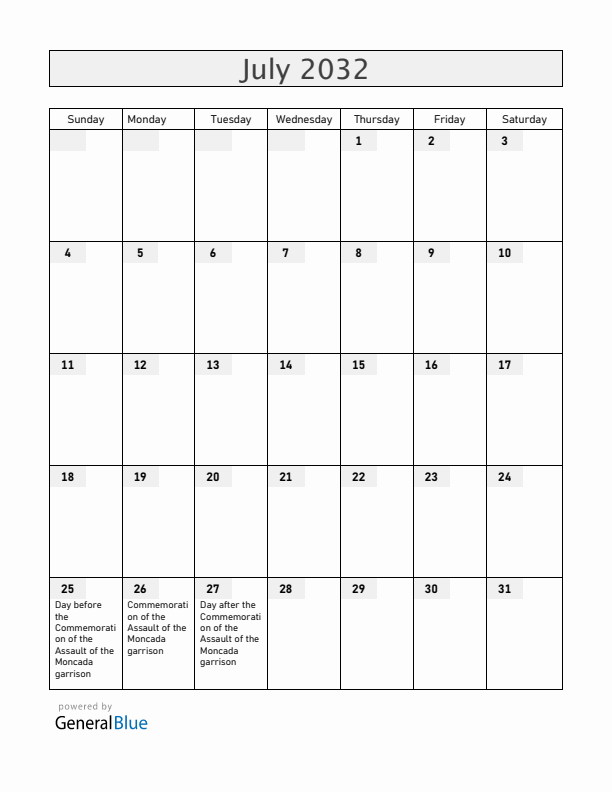 Cuba July 2032 Calendar with Holidays