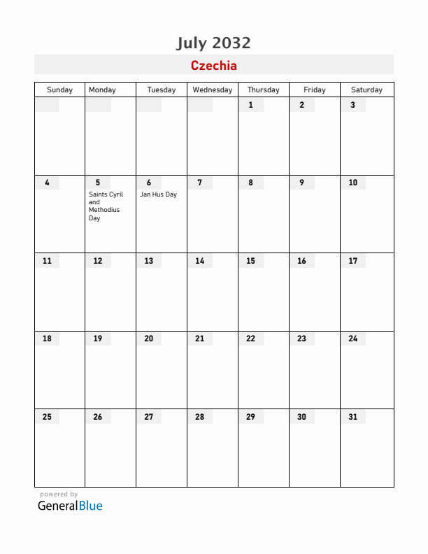 Czechia July 2032 Calendar with Holidays