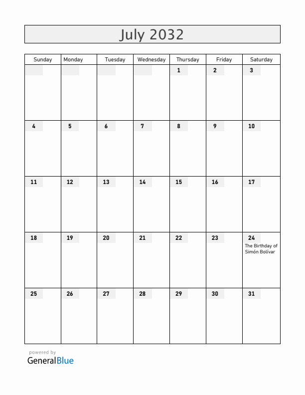 Ecuador July 2032 Calendar with Holidays