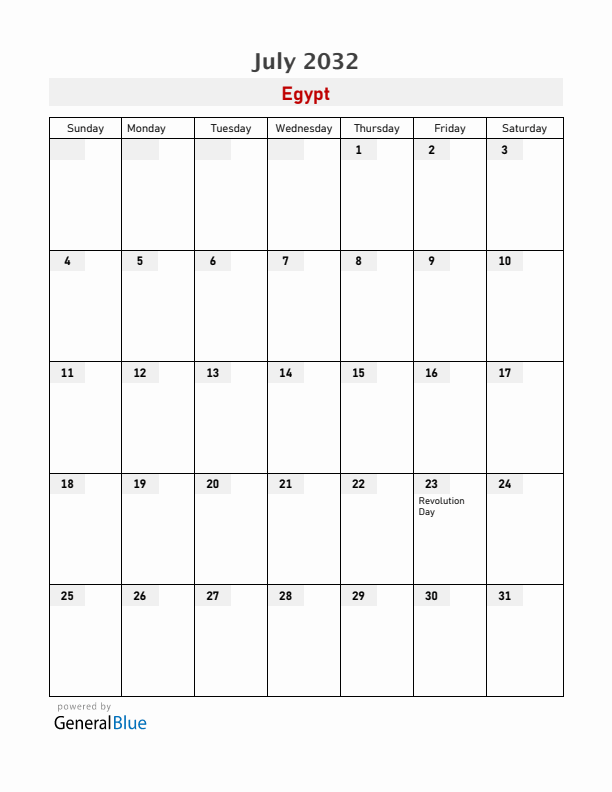Egypt July 2032 Calendar with Holidays