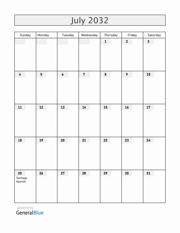 Spain July 2032 Calendar with Holidays
