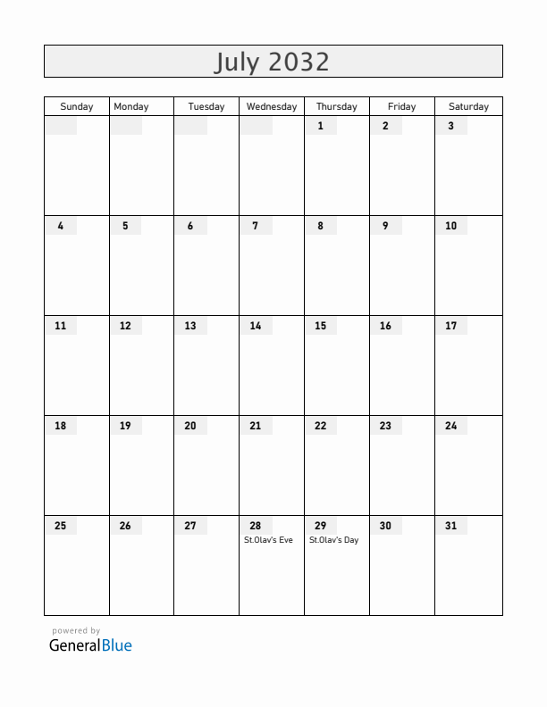Faroe Islands July 2032 Calendar with Holidays