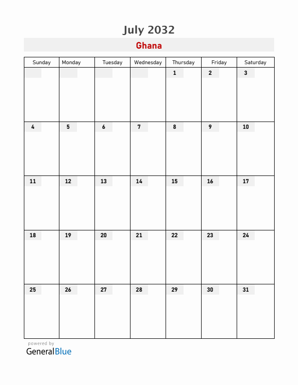 Ghana July 2032 Calendar with Holidays