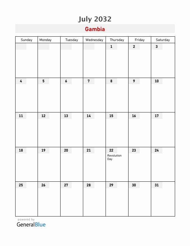 Gambia July 2032 Calendar with Holidays